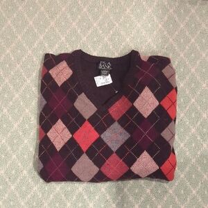 Jos. A. Bank Men's V-Neck Argyle Sweater - Black, Red, Gray XXL
